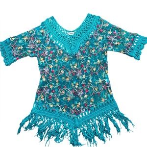 ASHA Sheer Swim Cover Up Embroidered Floral w Fringe OS
